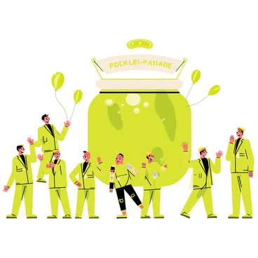 A lively parade scene filled with people dressed in bright green costumes resembling pickles, showcasing a variety of fun expressions. Some of the performers are dancing, while others are waving to the crowd. A large float shaped like a giant pickle jar is central to the parade, decorated with shiny graphics and colorful accessories. Balloons in the shape of small pickles and cucumber slices float above the crowd, enhancing the playful atmosphere. Banners with “Pickle Parade” written in bold letters hang from the float, adding to the festive vibe.