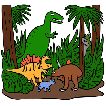 A group of dinosaurs in a dense prehistoric jungle, surrounded by towering ferns and thick trees. The scene showcases a large, muscular T-Rex with green scales as the alpha predator, standing protectively. Nearby, a clever Velociraptor with orange stripes and sharp claws is quietly plotting with a Triceratops with a sturdy frame and three prominent horns. The Triceratops is lowering its head slightly, listening intently. In the background, smaller dinosaurs peek through the foliage, observing the plan unfold. Sunlight filters through the canopy, casting dappled shadows on the ground, creating a sense of tension and anticipation.