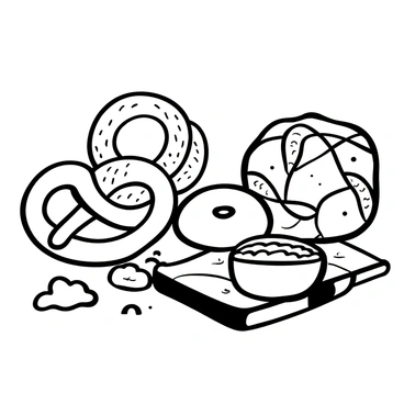 Different shaped breads like pretzels, bagels, and braided loaves on a table