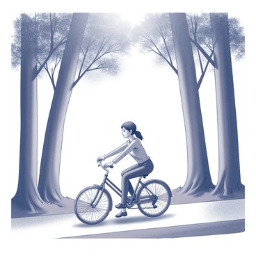 A person riding a vintage bicycle along a forest path. The bicycle has a classic design, featuring a large front wheel and smaller rear wheels. The rider is positioned on the seat with both hands on the handlebars. Towering trees line the sides of the path, their thick trunks reaching upwards and canopy created by dense leaves overhead. Sunlight filters through the branches, casting intricate shadows on the ground. A gentle breeze rustles the leaves, adding a sense of movement to the scene.