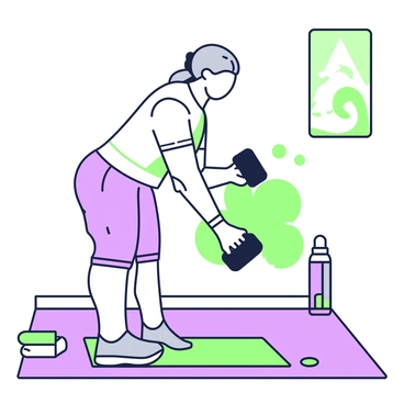 An elderly person is performing a dumbbell bent over row in a well-lit fitness studio. They have grey hair tied back and are wearing comfortable athletic clothing, including a fitted t-shirt and workout shorts. The individual is bent over at the waist with a straight back, holding a dumbbell in each hand. Their arms are extended towards the floor, and they are in the process of pulling the dumbbells towards their chest. A yoga mat is positioned on the floor beneath them, and a mirror reflects their focused expression. A water bottle and a towel are nearby, indicating a dedicated workout session.