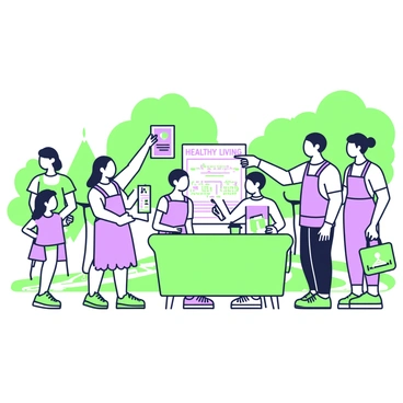 A group of volunteers is gathered in a park, actively promoting health awareness. In the center, two volunteers are setting up a vibrant green table with brochures and informational pamphlets. One volunteer is handing a "Healthy Living" flyer to a passerby, while another points to a large poster that displays tips for maintaining a healthy lifestyle. Nearby, a few volunteers are engaging with children, demonstrating fun exercises and activities. In the background, trees are abundant, and people are walking and jogging along the pathways, creating an atmosphere of community engagement.