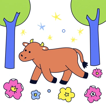 A two-headed calf with soft brown fur is wandering through a magical forest. The calf has two distinct heads, each with large, expressive eyes and short, rounded ears. Surrounding the calf are colorful flowers in various shades, including bright red, yellow, and blue. Some flowers have intricate patterns on their petals. The forest is illuminated by sparkling lights that float gently in the air, creating a whimsical atmosphere. Tall trees with smooth trunks and vibrant green leaves form a lush backdrop.