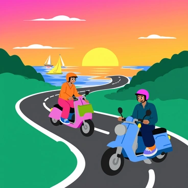 A couple riding electric mopeds along a coastal road during sunset