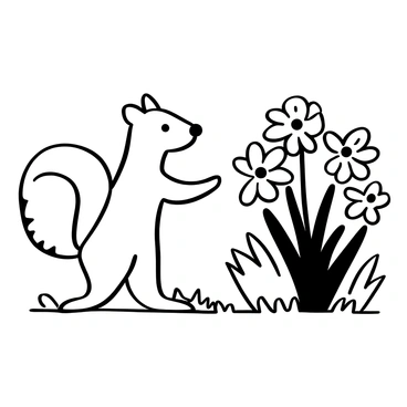 A curious squirrel standing upright on its hind legs next to a cluster of blooming "crocus flowers." The park setting features a mix of grass and trees in the background. The squirrel has a bushy tail and its front paws are raised as if inspecting the flowers. The crocus flowers are displayed prominently in various sizes, with their petals open wide, surrounding the squirrel. The ground is dotted with fallen leaves, adding texture to the scene.