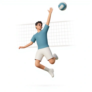 A volleyball player, wearing a blue jersey and white shorts, is captured mid-air in a dynamic pose. The player's focused expression shows determination as they extend one arm high above their head, preparing to spike the volleyball. The volleyball is in motion, heading towards the net, which is in the background, slightly blurred to emphasize the action. The player's other arm is bent at the elbow, providing balance. Their athletic shoes are slightly off the ground, showcasing the force of the jump. The scene captures the intensity and excitement of the moment.