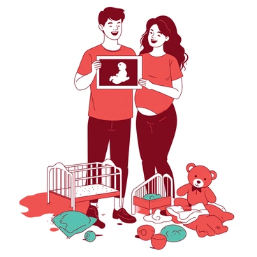A red couple is standing together, holding a white ultrasound image in front of them with bright smiles. The ultrasound image shows a tiny baby, and their joyful expressions reflect their excitement. Surrounding them are various baby items, including a small white crib, a red teddy bear, and a set of blue baby clothes neatly folded. There are also a few teal toys scattered around their feet, creating a cheerful and welcoming atmosphere. The couple's hands are gently touching, symbolizing their shared anticipation for their new arrival.