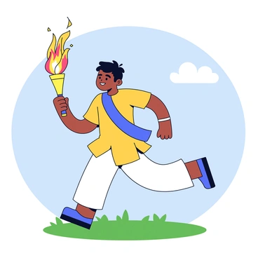A torch bearer is running with a torch that has a flame shaped like the Indian Constitution. The torch has a golden handle, and the flame flickers with vibrant colors of yellow and orange. The torch bearer is wearing traditional Indian clothing, which consists of a flowing kurta and dhoti. The background features a simple landscape with a clear blue sky and green grass. The expression on the torch bearer's face shows determination and pride.