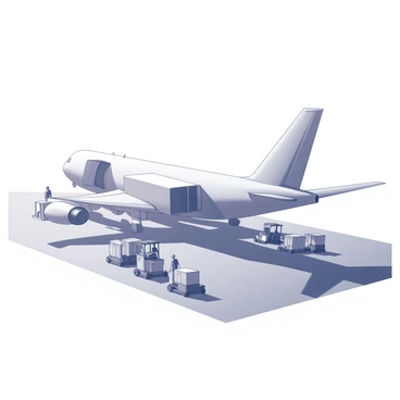 A large cargo airplane sits on a runway, its spacious cargo hold open and ready for loading. Several workers are actively moving crates and containers of various shapes and sizes, using forklifts and hand trucks. The airplane is equipped with large, retractable doors that allow easy access to the interior. Shadows of the airplane and equipment stretch across the tarmac, while the sky overhead is clear and expansive. The scene is bustling with activity as the loading process takes place.