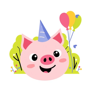 A cheerful pig face with big, bright eyes and a wide smile is wearing a small blue party hat. It is holding a colorful balloon with multiple vibrant colors, such as red, yellow, green, and blue, floating above its head. The pig face is set against a sunny background, with green trees and colorful flowers in a park. A few butterflies are fluttering around, adding to the cheerful atmosphere of the scene.