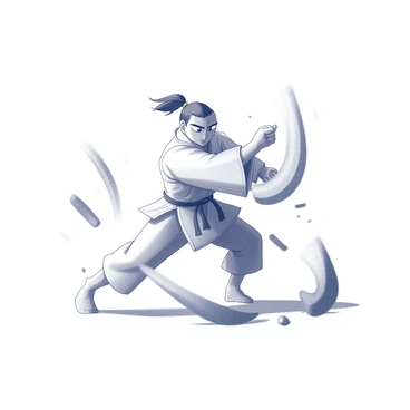 A figure in mid-action performing a series of dynamic martial arts maneuvers. "Sukuna" is captured in a powerful stance, with one leg extended forward and the other bent, showcasing his agility. His arms are positioned strategically, one striking forward while the other is pulled back, ready for a counter-move. The expression on his face conveys determination and focus. The surrounding environment depicts a sense of motion, with blurred outlines indicating swift movements, and debris being displaced as he exert his force. The overall composition emphasizes the intensity of the action and the uniqueness of his martial arts style.