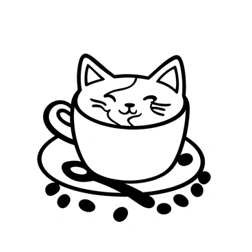 A latte in a white ceramic cup sits on a saucer. The surface of the latte features an intricate foam design resembling a cat face, complete with distinct ear shapes. Swirls of foam form the body of the cat, giving a lively appearance. The cup is surrounded by scattered coffee beans, adding texture to the scene. A small spoon rests beside the cup on the saucer.