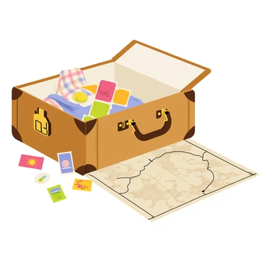 A retro travel scene featuring an old-fashioned brown suitcase adorned with brass clasps and worn leather corners. The suitcase is partially open, revealing a neatly folded plaid blanket and a few colorful postcards inside. Scattered around the suitcase are various travel stamps, with vibrant colors and intricate designs, representing different countries. A vintage map is laid out next to the suitcase, showing aged parchment with detailed illustrations of landscapes and routes, marked with hand-drawn annotations.