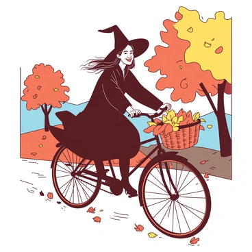 A vintage witch with a long black cloak and a pointed hat is happily riding an old-fashioned bicycle with a large front wheel and a smaller rear wheel. The bicycle has a basket attached to the front, filled with colorful autumn leaves. The background features an autumn landscape with trees displaying vibrant orange and yellow foliage. The ground is covered with fallen leaves, and the sky is a soft blue. The witch has a joyful expression on her face, with her hair blowing in the wind as she pedals along a winding path.