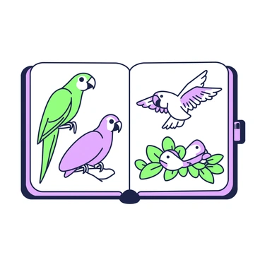 A sketchbook page is filled with detailed sketches of various parrots. Each parrot is depicted in a different pose, showcasing their unique features. On the left, a green parrot is perched on a branch with its wings slightly open, displaying intricate feather details. Next to it, a parrot with a curved beak looks curiously towards the viewer, its body adorned with intricate patterns. Towards the center, a parrot is shown in mid-flight, with its wings spread wide, capturing the motion of its feathers. To the right, a small parrot is nestled comfortably among leaves, its bright eyes visible. The sketches are rendered with delicate lines and shading, emphasizing the anatomy and texture of the parrots.