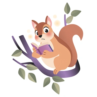 A squirrel perched on a tree branch with its fluffy tail curled around it. The squirrel has a light brown fur coat with white accents on its belly. It is holding a tiny, open book with its paws, displaying a puzzled expression on its face. The squirrel's eyes are wide and its ears are perked up, conveying curiosity. Surrounding the branch are green leaves, casting dappled shadows on the squirrel and the book. The sun is peeking through the foliage, highlighting the textures of the squirrel's fur and the pages of the book.