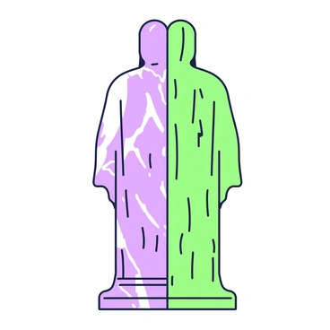 A statue stands upright, showcasing two contrasting materials. One side of the statue is composed of smooth marble, reflecting light and displaying intricate details. The marble side features fine carvings that emphasize its polished surface. The opposite side is made of textured wood, with visible grains and knots, offering a natural, rustic appearance. The statue's overall form is balanced, connecting the two materials seamlessly at the center. Light casts shadows that highlight the differences in texture between the marble and wood.