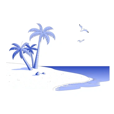 A picturesque tropical island with palm trees, a sandy beach, and a clear blue ocean.