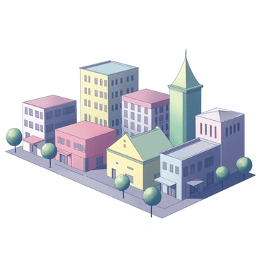 A cityscape featuring numerous buildings, each designed with diverse architectural styles. Every building showcases a unique geometric form, such as rectangles, triangles, and curves. Each structure is painted in a different hue of the rainbow, creating a vibrant visual effect. The buildings are arranged closely together, with streets running between them. The sky above is clear, allowing natural light to illuminate the scene. Several trees line the sidewalks, adding greenery to the urban environment.