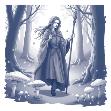A medieval witch with long, flowing hair and a tattered cloak is walking through a dense forest. She carries a wooden staff adorned with intricate carvings. The ground is covered with a carpet of green foliage, and various sizes of glowing mushrooms are scattered throughout the scene, emitting a soft light. Small, delicate fairies flit around her, their wings shimmering as they move. The trees are tall and gnarled, creating a canopy that filters the light, adding to the mystical atmosphere of the forest.
