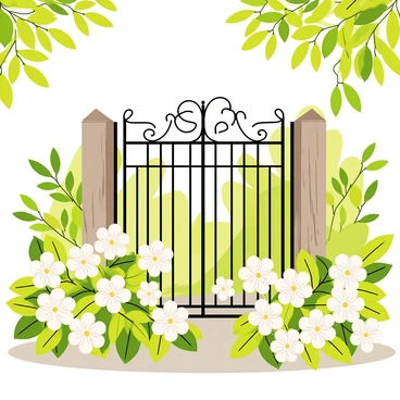 A quaint garden gate made of wrought iron, partly open to reveal a glimpse of the lush greenery beyond. The gate features intricate scrolling patterns and a weathered wooden post. Surrounding the gate, clusters of blooming white gardenias fill the scene, their glossy leaves and fragrant flowers creating a vibrant contrast against the dark gate. A soft, dappled sunlight filters through the leaves above, casting gentle shadows on the ground.