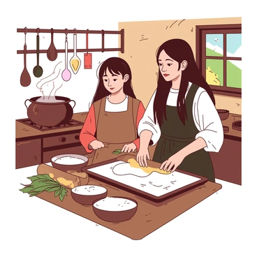 A Kazakh girl with long black hair is standing beside her mother in a rustic kitchen. The mother, wearing a traditional dress, is kneading dough on a wooden table. The girl is carefully rolling out a piece of dough with a wooden rolling pin. Surrounding them are various ingredients in bowls, including flour, salt, and fresh herbs. A large pot simmering on the stove emits steam, and colorful utensils hang from the walls, creating a cozy atmosphere. Sunlight filters through a small window, illuminating the scene.