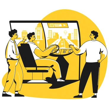 A trainee bus driver sits in a simulator machine designed to mimic the interior of a bus. The driver is focused, with hands on the steering wheel, wearing a yellow safety vest over a shirt. Next to the driver, an instructor stands, pointing towards the screen displaying a realistic cityscape. Various controls and buttons are visible on the dashboard. The simulator environment includes a large, illuminated display showing road signs and traffic conditions. The setting conveys a professional atmosphere, with a sense of learning and training.