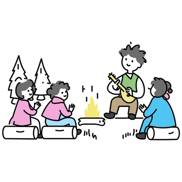 A hobbit playing a lute by a crackling fire, serenading a small audience of friends