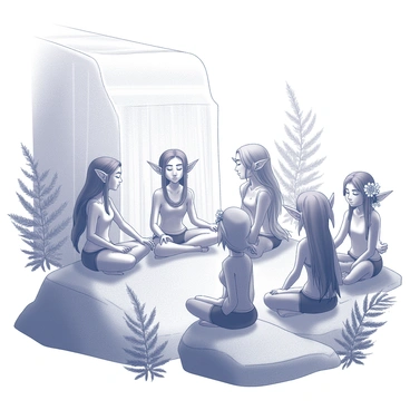 A group of elves is gathered at the base of a waterfall. Each elf is sitting cross-legged on the smooth rocks, eyes closed in meditation. The waterfall cascades down from a height, creating a mist that softly envelops the scene. Lush vegetation surrounds the area, with ferns and tall grasses framing the gathering. The elves have pointed ears and flowing hair, adorned with natural elements like leaves and flowers. Their clothing is made of simple fabrics that blend with the environment, and their calm expressions reflect a deep sense of tranquility.