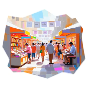 A vibrant book fair scene filled with colorful stalls showcasing literature from various cultures around the world. Each stall is adorned with decorations representing its unique culture, such as vibrant fabrics, traditional patterns, and cultural symbols. People of diverse backgrounds browse the stalls, examining books with titles in different languages. Some attendees are engaged in deep conversations while others are sitting on benches reading books. The atmosphere is lively, with banners displaying quotes from famous authors hanging overhead, and the ground is scattered with leaflets and bookmarks.