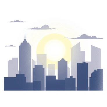 A city skyline with various tall buildings and structures silhouetted against the horizon. The sun is rising in the background, casting light and shadows across the rooftops. The sky is filled with a gradient of light as the sun begins to illuminate the scene, creating contrasts between the light and the dark shapes of the buildings. Clouds drift softly, adding texture to the sky while the scene captures the essence of a new day beginning.
