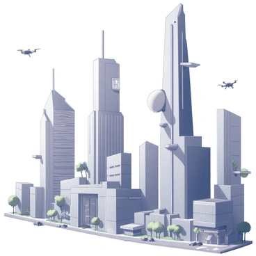 A futuristic cityscape featuring towering skyscrapers with sleek, angular designs and large glass facades. The buildings have intricate patterns and some are interlinked with elevated walkways. Various elements of advanced technology are visible, including drones flying in the sky and digital screens integrated into the architecture. The streets are lined with greenery, with trees and vertical gardens climbing the sides of the buildings. Futuristic vehicles are seen traveling along the roadways, and pedestrians are interacting with holographic interfaces.