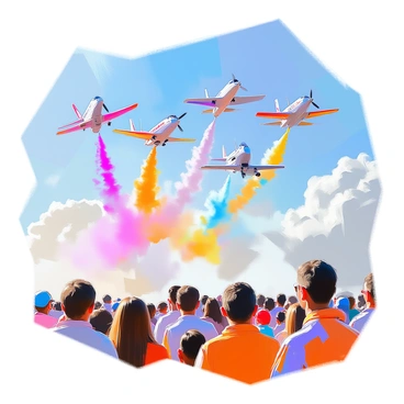 An airshow features several colorful airplanes flying in formation against a blue sky. The planes are leaving behind vibrant trails of smoke in various colors, creating the words "Welcome to the Show" suspended in the air. Spectators watch from below, their faces filled with excitement and awe as the display unfolds. The sun shines brightly, illuminating the scene, while a few fluffy clouds drift lazily in the background. Some planes perform aerial stunts, adding to the dynamic atmosphere of the event.