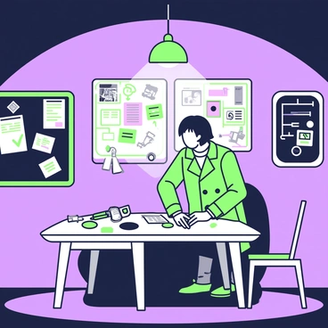 A detective is standing in a dimly lit room, intently examining clues spread across a table. The detective has short, dark hair and is wearing a long trench coat. In front of them, several pieces of evidence including photographs, papers, and small objects are laid out. The walls of the room are filled with multiple evidence boards, each covered with pinned documents and strings connecting various pieces of information. A single light bulb hangs overhead, casting shadows that create a somber atmosphere. There is a chalkboard in the corner with notes and sketches related to the case. A chair is slightly pulled away from the table, indicating recent activity.