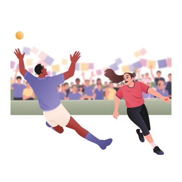 A digital flat illustration depicting a lively sports scene featuring two athletes engaged in a competitive game. On the left, a male athlete with medium skin and short black hair is wearing a blue jersey and white shorts. He is shown mid-action, leaping into the air to catch a bright yellow ball. On the right, a female athlete with light skin and long brown hair tied in a ponytail is dressed in a red jersey and black leggings. She is sprinting forward, her expression focused, as she reaches out to intercept the ball. The background includes a blurred crowd of cheering fans, with vibrant colors representing various team jerseys, enhancing the sense of motion and excitement in the scene. Bright lines and dynamic shapes are used to convey the energy of the game.