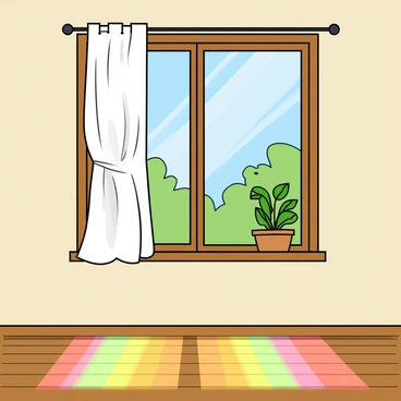 A large window with a wooden frame, positioned on a light-colored wall. Sunlight is streaming through the glass, illuminating the scene. The light creates vibrant rainbow reflections on the surface of the nearby wooden floor, creating an array of colors that spread across the room. The window features a sheer white curtain that gently billows with a light breeze. A small potted plant sits on the windowsill, basking in the warm sunlight.
