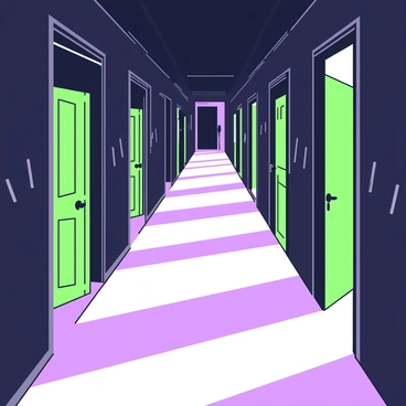 A long, shadowy hallway stretches into the distance, with walls that have faint textures. The floor is polished, reflecting the soft light that filters in from above. On either side of the hallway, multiple doors stand slightly ajar, their edges barely visible. Each door presents a different texture, with some showing wood grain and others appearing more metallic. The dim lighting casts elongated shadows that stretch across the floor, enhancing the mysterious atmosphere of the scene. At the far end of the hallway, a small hint of light glimmers, suggesting an exit or another room beyond.