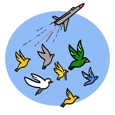 A flock of birds with various colors and sizes is taking flight, flapping their wings energetically. They have feathers that shimmer in the sunlight as they rise into the air. Above them, a jet is soaring with a sleek design, leaving a trail behind it. The jet emits a visible sonic boom, represented by a shockwave effect that distorts the air surrounding it. The sky is a clear blue, providing a vivid backdrop for this dynamic scene. The birds seem startled yet graceful, adding a sense of movement and life to the image.
