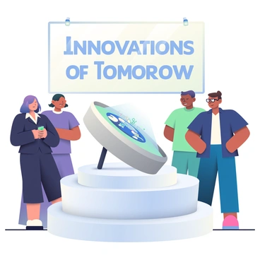A sleek, metallic gadget with a smooth, curved design is placed on a white podium, illuminated by soft blue lights. The gadget features a holographic display projecting vibrant graphics and data, showcasing its innovative functionalities. Surrounding the podium are several diverse individuals, including a woman with short purple hair wearing a fitted black suit and a man with glasses in a casual navy shirt, both gazing with interest. In the background, a large screen displays the words "Innovations of Tomorrow" in bold, modern font. The scene is filled with anticipation and excitement for the future.