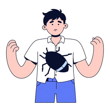 A man stands in the center of the scene, his expression a mix of confusion and fear. From his torso, a large insect, resembling a beetle, is emerging. The insect’s shiny black shell contrasts starkly against the man's pale skin. The man’s shirt is torn around the area where the bug is emerging, and his hands are raised, as if he is trying to grasp the situation. The background is simple, allowing focus on the man and the insect. The lighting emphasizes the contours of the man’s body and the glossy texture of the bug.