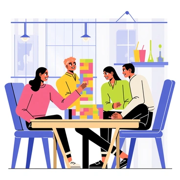 A chic lounge featuring a stylish interior with sleek furniture and modern decor. The space is lit by soft, dim ambient lighting, creating a cozy atmosphere. A group of four people is gathered around a wooden table, intently playing a game of "Jenga." The players, two men and two women, display expressions of concentration and excitement as they carefully remove blocks from the tower. Colorful drinks sit on the table next to them, enhancing the vibrant, social scene.