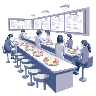 A classic diner interior featuring a long counter with bright, shiny surfaces. There are several plates arranged neatly on the counter, showcasing a hearty breakfast spread. Each plate contains crispy bacon strips, fluffy scrambled eggs, and stacks of pancakes topped with pats of butter. The counter is lined with high stools, each occupied by customers enjoying their meals. Behind the counter, a large menu board displays various diner offerings. The atmosphere is bustling with waitstaff moving between tables and patrons engaged in conversation.