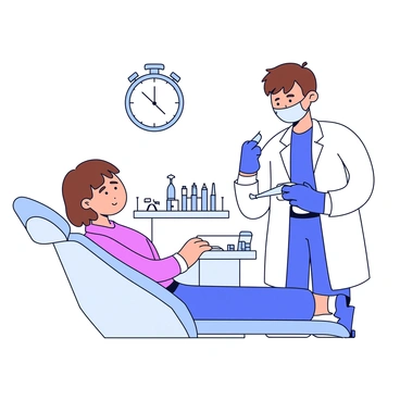 A dentist in a white coat is standing next to a dental chair. The dentist has short brown hair and is wearing gloves and a mask. The dental chair is occupied by a patient with an anxious expression. The dentist is holding a dental tool and is focused on the patient’s mouth, demonstrating quick precision. There is a tray with various dental instruments on the side. A wall clock in the background shows that time is of the essence.