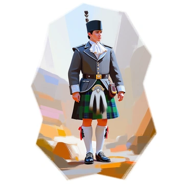 An illustration featuring a traditional 18th-century kilt outfit. The outfit includes a knee-length woolen kilt in a tartan pattern, displaying shades of green, blue, and black. It is worn over long socks that come up to the knees, which are embellished with intricate designs. A white linen shirt with a ruffled collar is visible beneath the kilt, and a tailored waistcoat in a complementary color peeks out. The figure is adorned with a sporran, a small pouch that hangs from the waist, and a decorative belt. The outfit is completed with a tam o'shanter hat adorned with a feather. The background is a subtle landscape that hints at the Scottish highlands.