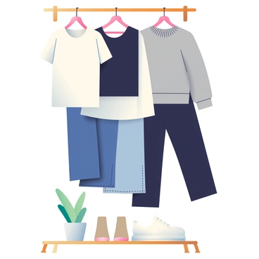 A capsule wardrobe is displayed, featuring essential minimalist clothing items. The arrangement includes a white cotton t-shirt, a black fitted tank top, and a light gray cashmere sweater. Below, there are dark blue straight-leg jeans and a pair of tailored black trousers. On the side, there are beige ankle boots and classic white sneakers. The items are neatly organized on a wooden rack, with a soft natural light illuminating the scene, creating subtle shadows and highlights on the clothing. A small potted plant is placed next to the rack, adding a touch of green to the minimalist setup.