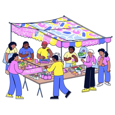 A bustling marketplace filled with various stalls and vendors. Brightly colored banners hang overhead, with the text "Fair Trade Under Social Contract" prominently displayed on them. The stalls are adorned with vibrant fruits, vegetables, and handmade crafts. People of diverse backgrounds are interacting, browsing goods, and engaging in conversations. The atmosphere is lively, with shoppers examining items and exchanging smiles.