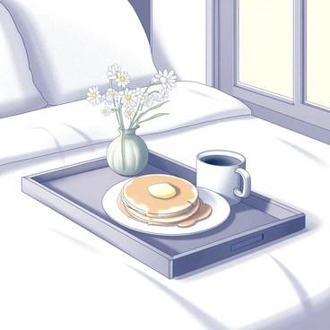 A neatly arranged breakfast tray sits on a soft, white quilted bedspread. The tray features a stack of golden pancakes, drizzled with syrup, alongside a steaming cup of black coffee in a simple ceramic mug. Delicate fresh flowers, possibly daisies or tulips, are placed in a small glass vase, adding a touch of nature to the scene. The bed is adorned with plush pillows, and sunlight gently streams through an open window, casting soft shadows across the room.