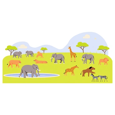 A 2D flat illustration of a safari scene featuring a vast African plain under a clear blue sky. Numerous animals are grazing peacefully across the landscape. A group of gray elephants, with large ears and trunks, is seen near a watering hole. Nearby, a pride of tawny lions rests in the grass, while a cluster of brown giraffes stretches their necks to nibble on the treetops. A few zebras with distinctive black and white stripes graze alongside a pair of spotted wildebeests. Scattered acacia trees with green leaves dot the background, adding to the natural setting. The scene is vibrant and filled with various shades of green, brown, and yellow, capturing the essence of the African wilderness.