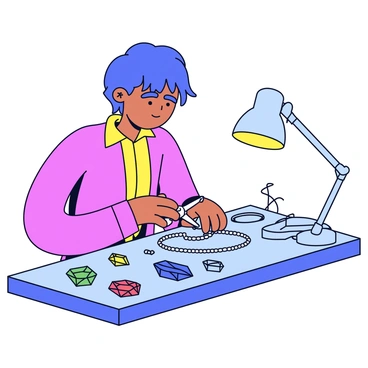 A jewelry maker is focused on crafting an intricate necklace. The workbench is covered with various colorful gems, including sapphires, emeralds, and rubies, glimmering in the light. The jewelry maker is using a pair of pliers to shape a delicate silver chain. Small tools, such as a jeweler's saw and a magnifying glass, are neatly arranged on the bench. A bright work lamp illuminates the scene, highlighting the detailed work being done.