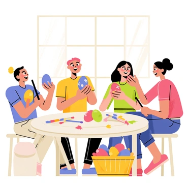 A group of four friends sitting around a round wooden table covered with colorful paints and brushes. Each friend is holding an egg; one friend has a blue egg with yellow dots, another has a red egg with floral patterns. Laughter fills the air as they share jokes. Brightly colored paint splatters decorate the table, and a basket overflowing with unpainted eggs sits nearby. Sunlight streams through a window, creating a warm atmosphere in the room.